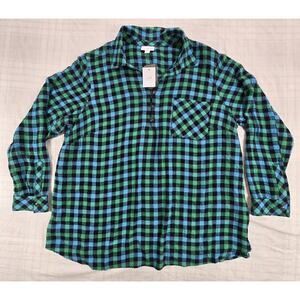 J. Jill Women Popover Top Blouse Soft Flannel Gingham Plaid Blue Green XL NWT